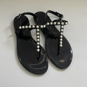 Stuart Weitzman Women's Goldie Jelly Sandals size 10 Black Pearls Slingback